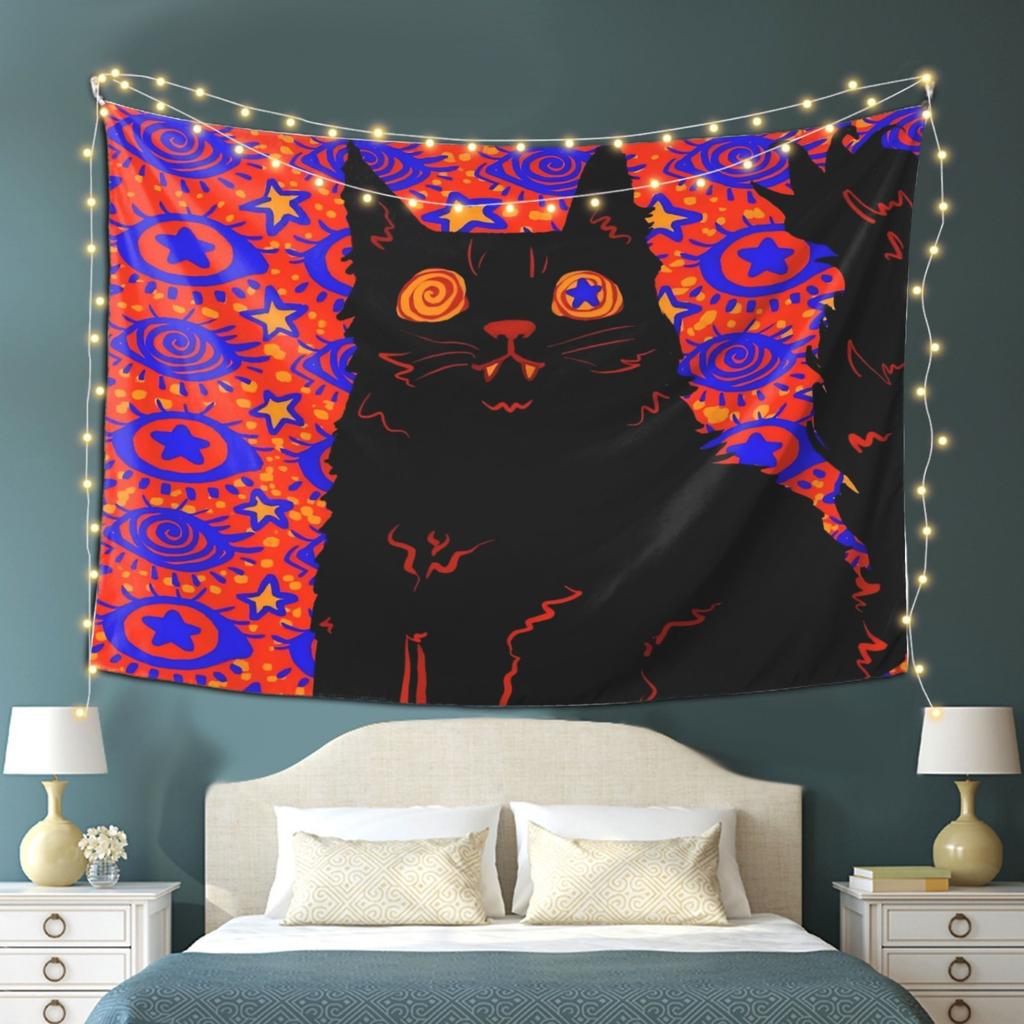 Starry Night Cat Tapestry-Vibrant black cat and colorful stars wall hanging for living room, bedroom, office decoration