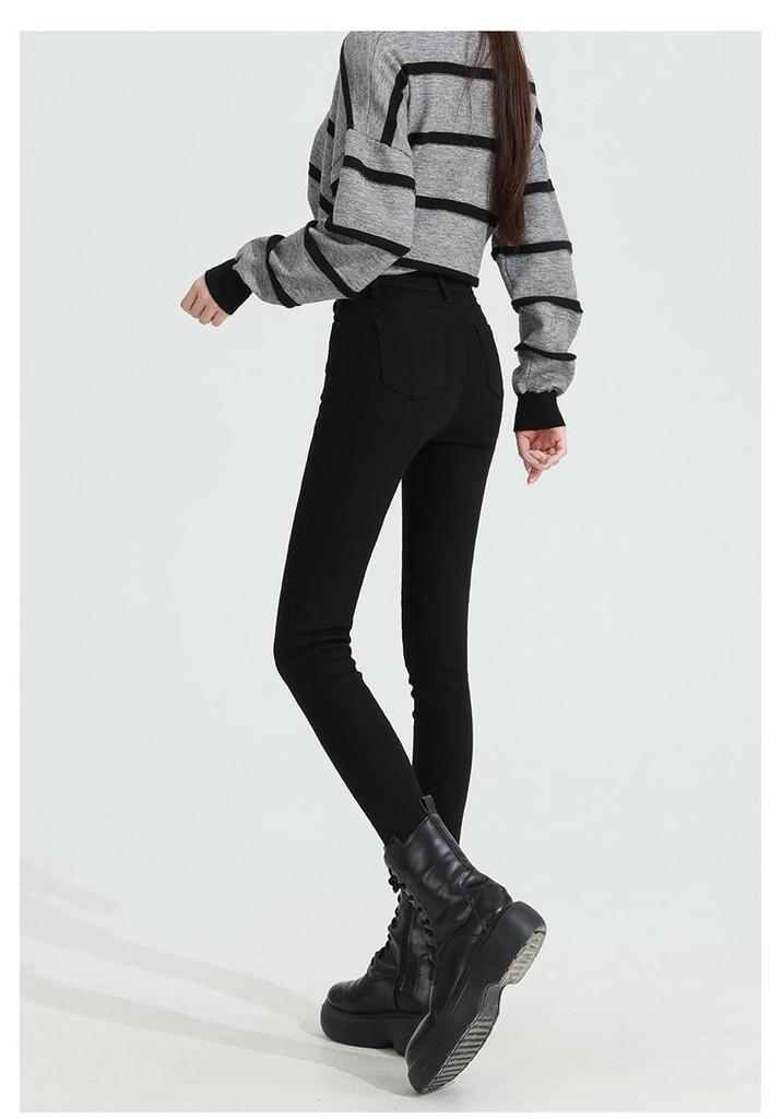 Tall Women's High-Waisted Plus Velvet Skinny Black Pants - Autumn/Winter 2025