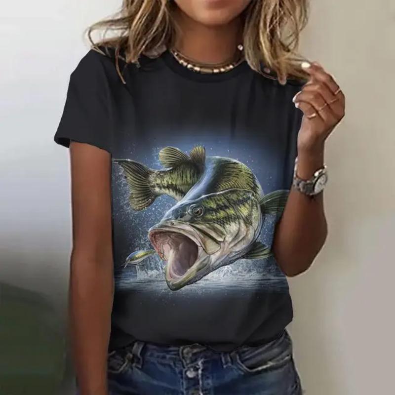 Women's Summer Fashion Casual Loose Plus Size Pattern Fish Print Round Neck Short Sleeved 3D T-shirt Top 6XL
