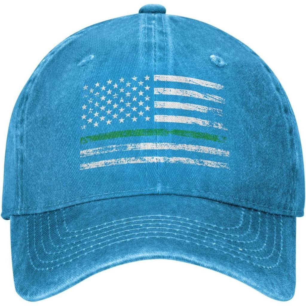 Thin Green Line American Flag Baseball Cap Distressed Washed Denim Style Adjustable Dad Hat