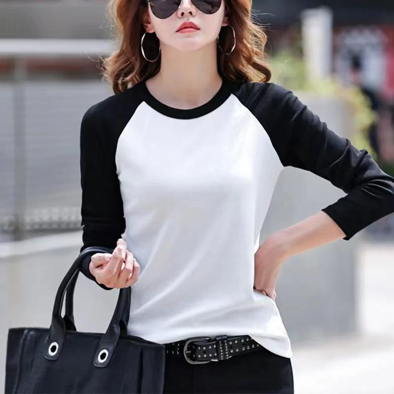Women Clothes Round Neck Long Sleeve T-Shirt For Women Spring Autumn Double-Sided Color-Block Base Shirt Warm Top