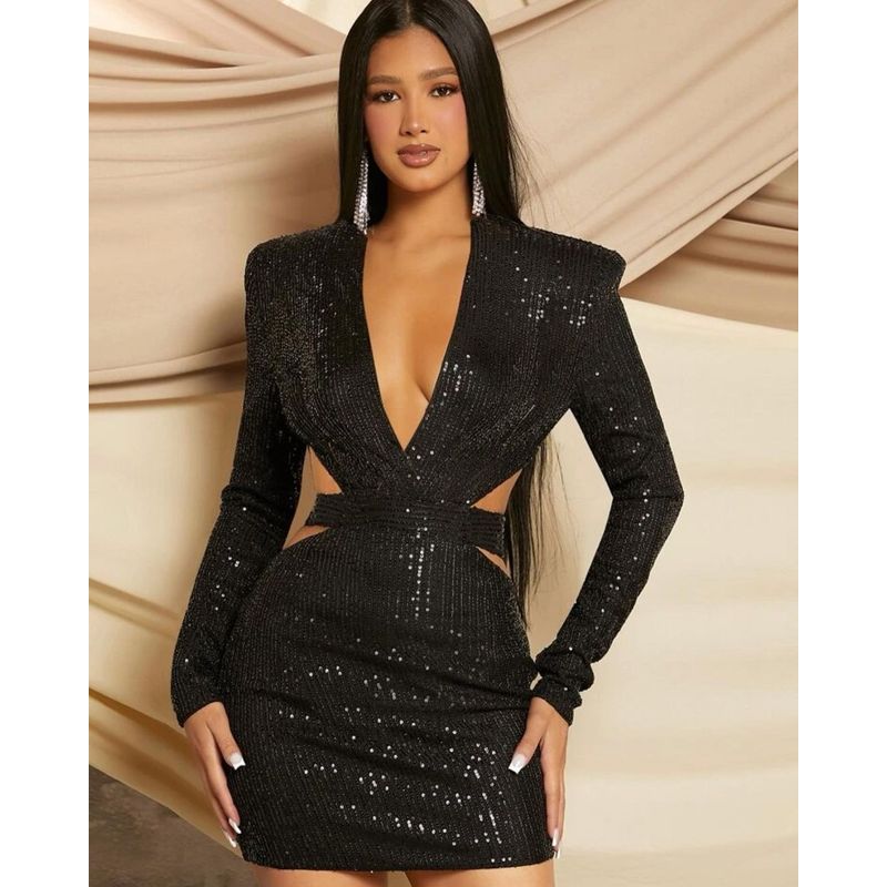 

Sexy Shiny Silk Dress2024 Spring Deep V Collar Bright Silk Backless Lace up Sexy Sheath Dress Black XL