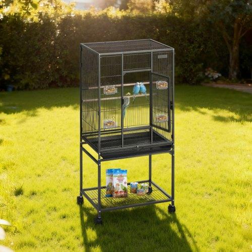 VEVOR Bird Cage, 625 x 425 x 1370 mm, Flat Top, Wrought Iron Bird Flight Cage with Perches, Slide-Out Tray and Plastic Feeders, Casters, for Parrot