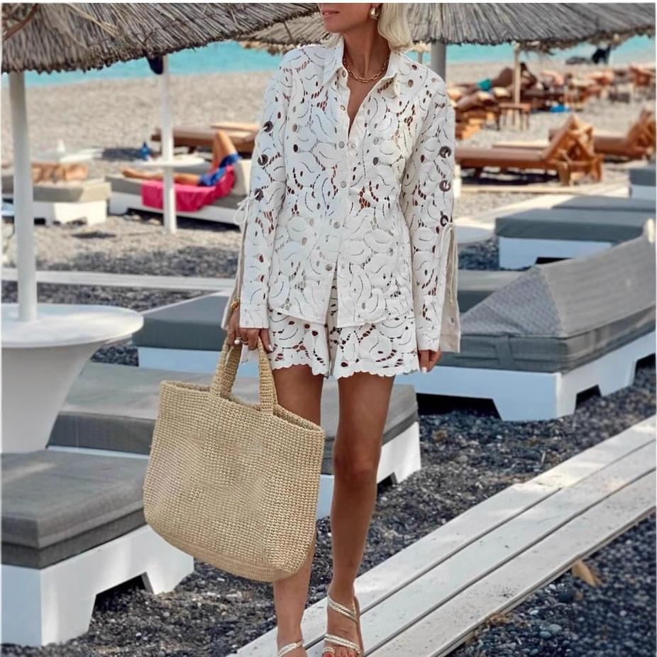 

New European And American Casual Fashion Hollow Long-Sleeved Lace Shirt + Shorts Two-Piece Set XL