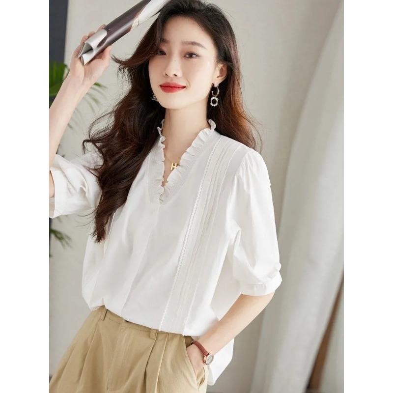 Women s White Ruffle V Neck Pleated Front Puff Short Sleeve Commuter Blouse S белый