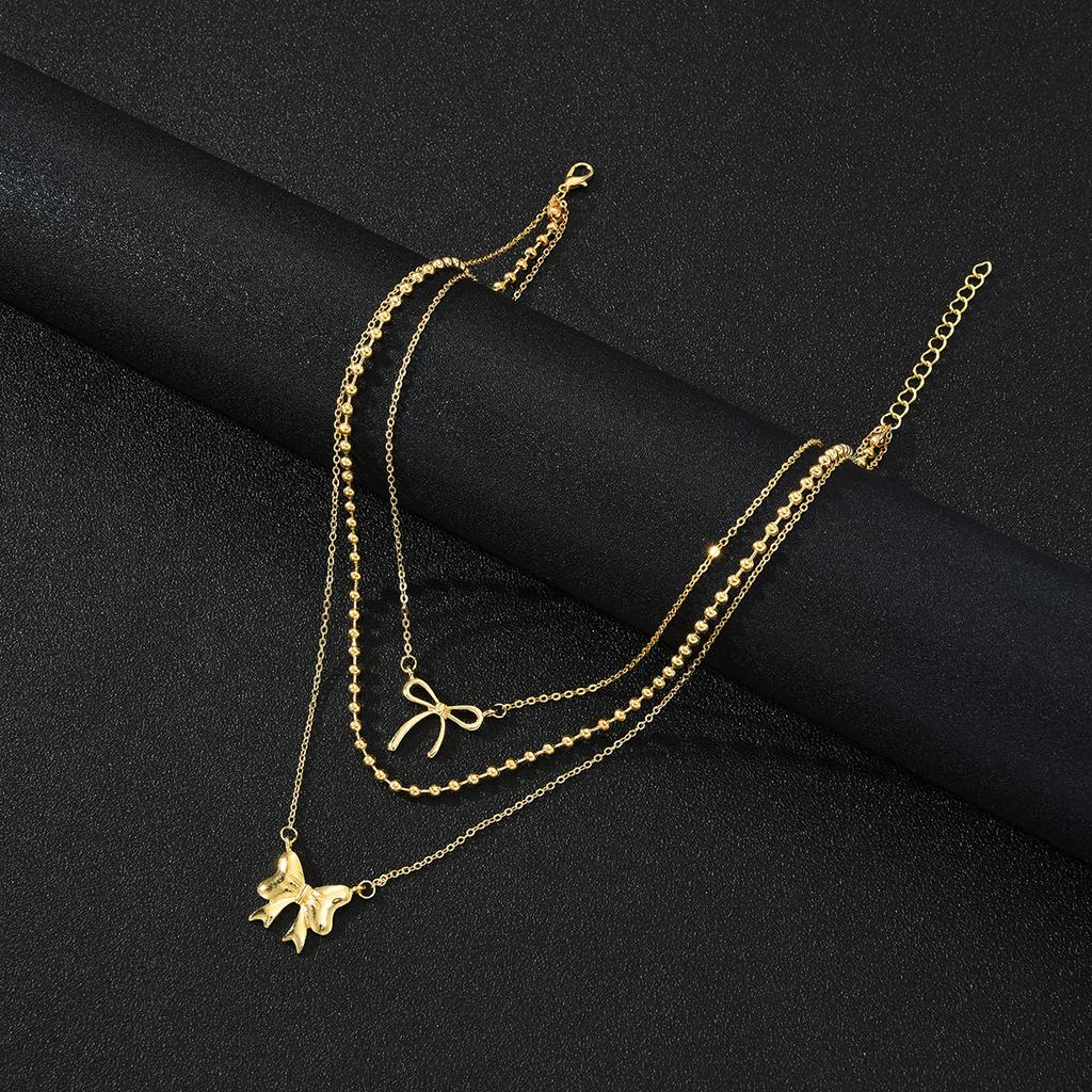 3Pcs/Set Bowknot Beads Pendant Necklace for Women Elegant Gold Color Multilayer Necklaces Sets Fashion Summer Waterproof Jewelry