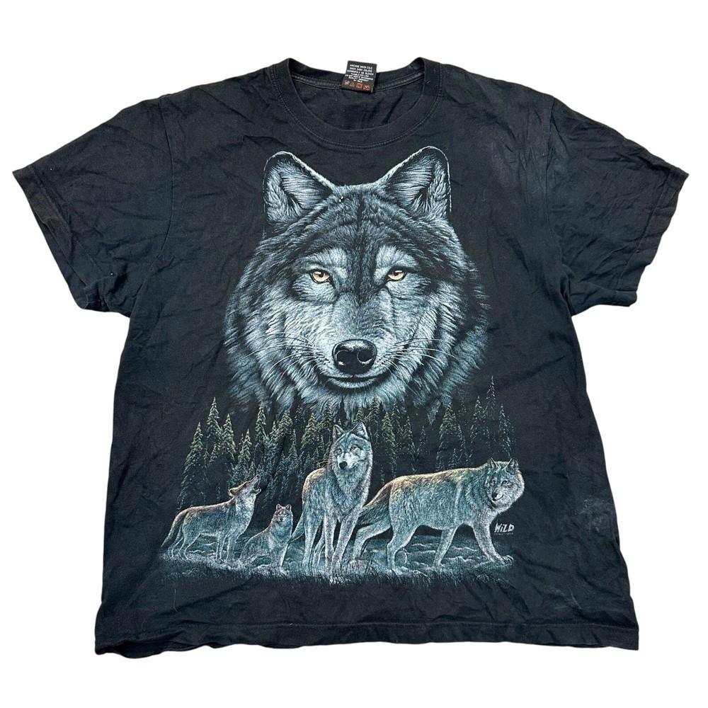 

Vintage Wild Wolf T-shirt Graphic Print Wildlife Y2K 90s Black Mens 2XL