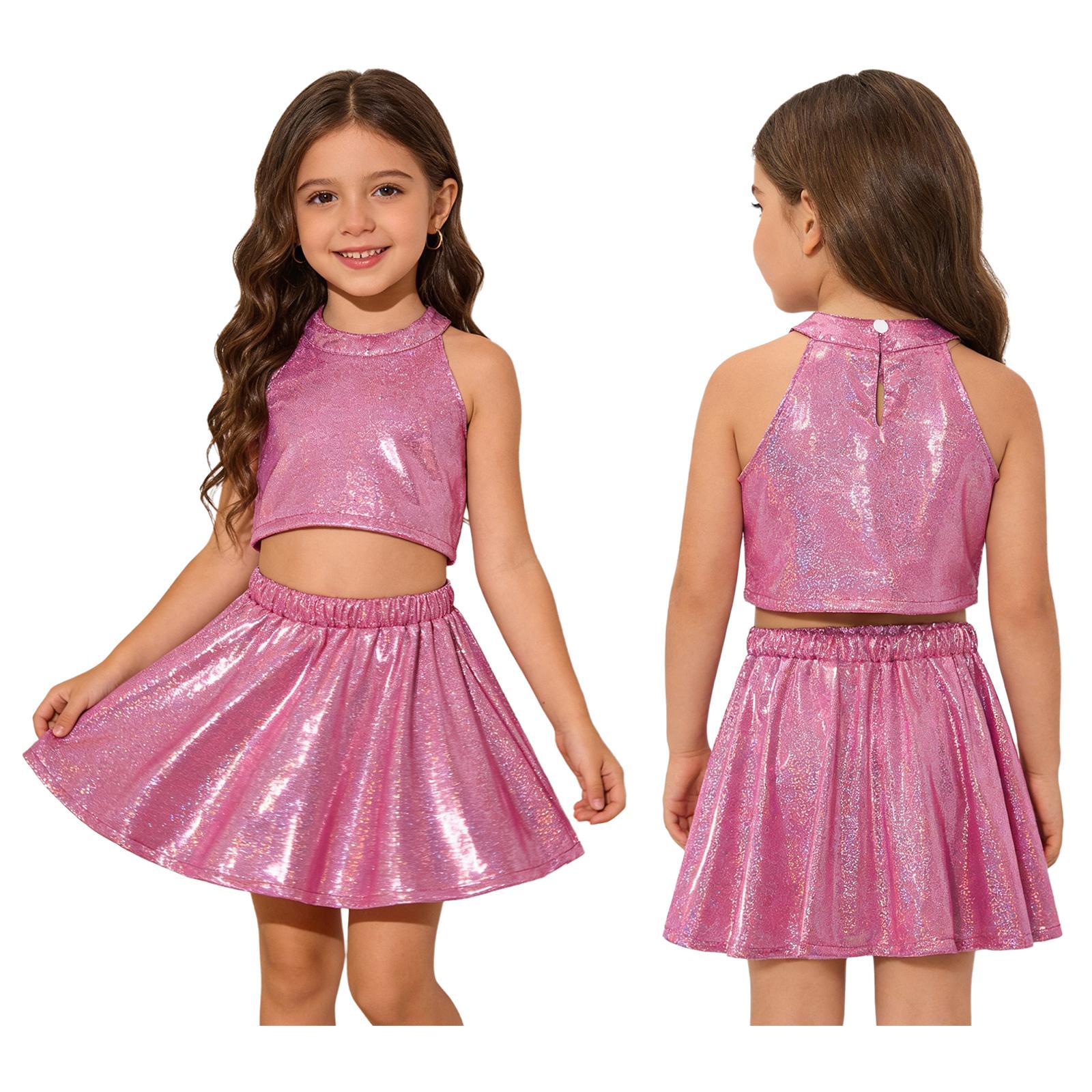 Kids Girls Cheerleader Cheerleading Chorus Performance Costume Shiny Metallic Dance Outfit Sleeveless Vest with Mini Skirt XS горячий розовый