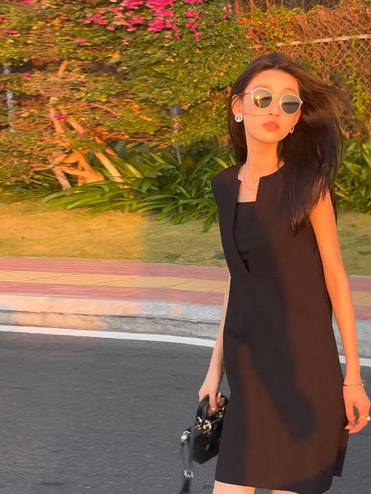 Women s Black Sleeveless Hepburn-Style Slimming Dress for Spring/Summer Large чёрный