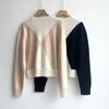 Women's College-Style Color-Block Cashmere Sweater, Loose Fit, Badge Detail, Round Neck, Long Sleeve - H Family New Arrival