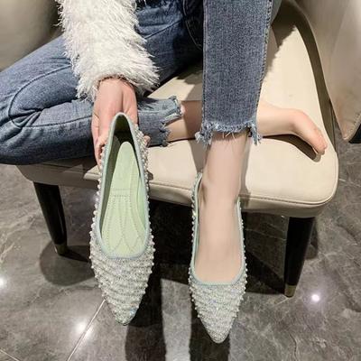 Mode Perle Grün Diamant Damen Sommer Schuhe für Frauen 2024 Schwarz Abend Strass Spitze Zehen Ballerinas mit Kristallen Flach A