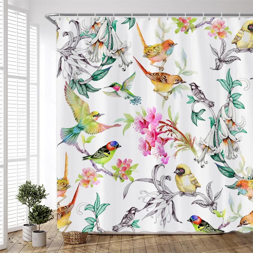 Cartoon Colorful Birds Shower Curtains Creative Design Watercolor Printing Chinese Style Cloth Bathroom Curtain Set Simple Dec