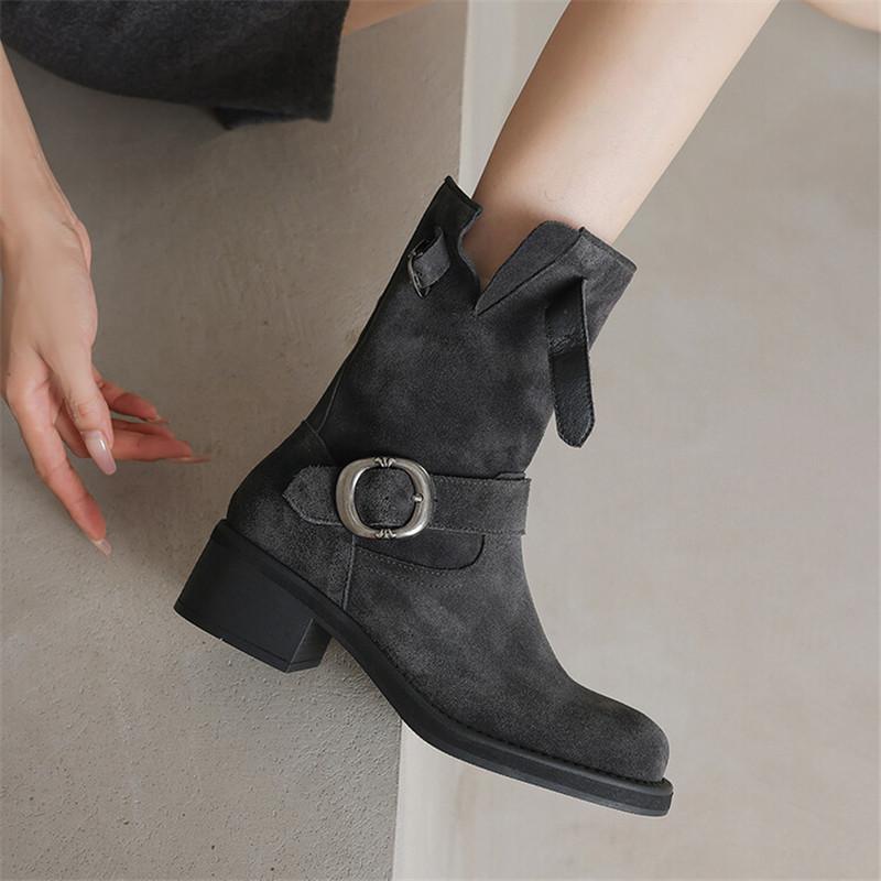 Fashion New Autumn Winter Cow Suede Women Boot Fashion Buckle Square Toe Mid-calf Boots for Women Thick Heel Work Boots Zapatos Mujer