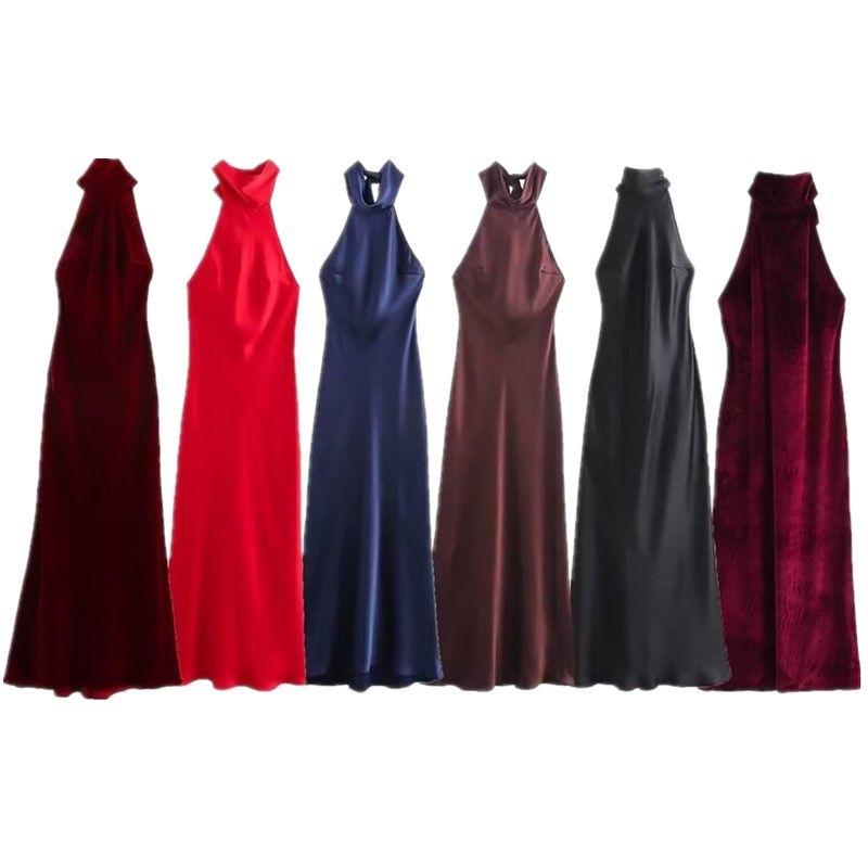 Fashion Style 2024 Fall and Winter New Women's Clothing Hanging Collar Silk Satin Texture Sleeveless Dress 8739331