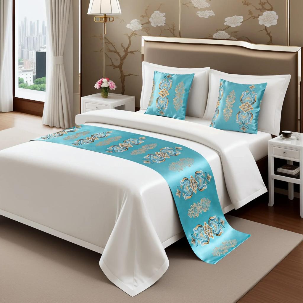 Geometric Stripe Satin Bed Flag Landscape Flower Bird Pattern Home Decoration Cover Cloth Hotel Home Bed End Towel Pillowcase