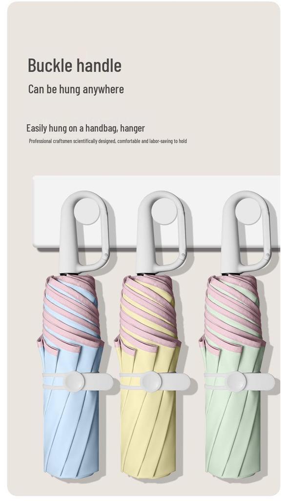 8-Rib Manual Buckle Safety Umbrella with Pink Edges, UV Protection, 3-Fold, for Female Students