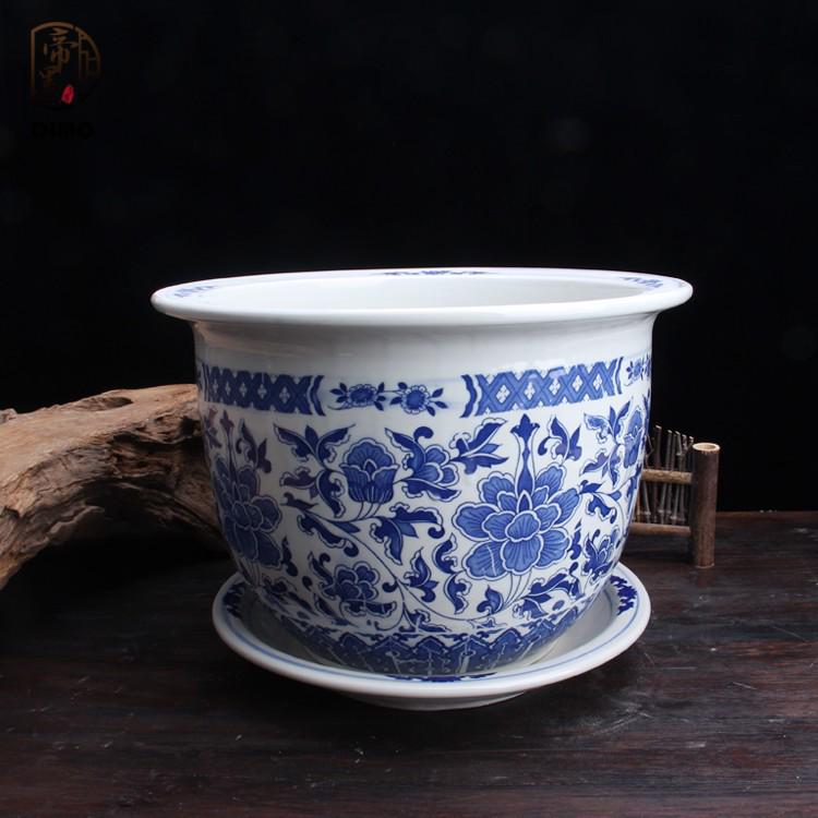 Extragroßer blau-weißer Porzellan-Blumentopf mit Untertasse - Chinesischer Stil für Grünlilien