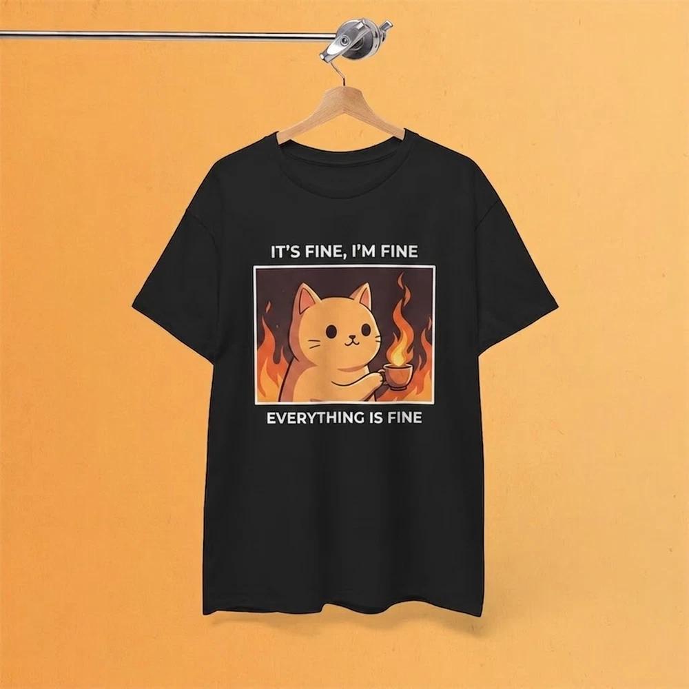 Funny Cat Its Fine Introvert Anime Black Tshirt Gift For Fans