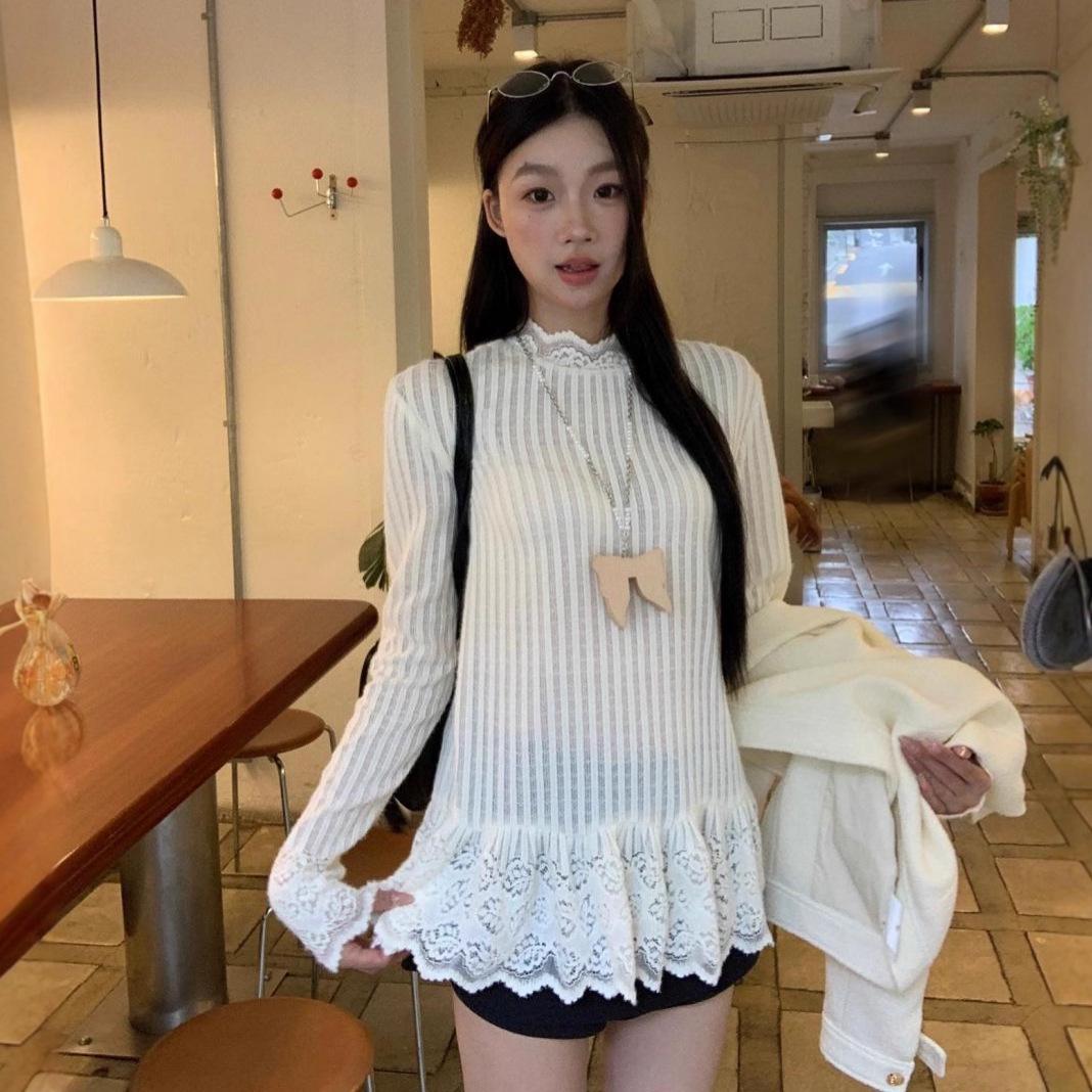 

Chic Women s Lace Trim Long-Sleeve Fleece-Lined Pullover for Autumn/Winter S