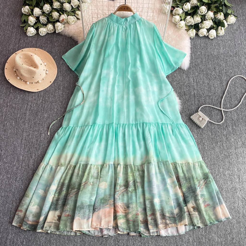 Temperament Stehkragen Kurze Flare Ärmeln Kleid Frauen Hohe schlanke Taille Robe 2024 Neue Tinte Printr schnüren up Frau Kleider