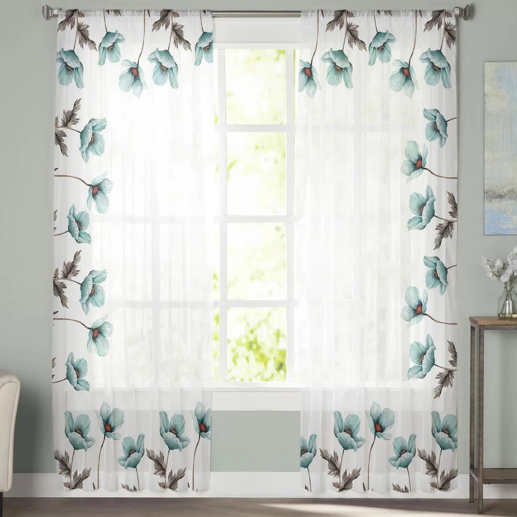 Blue Tulip Flowers Tulle Curtains For Living Room Sheer Curtain For Bedroom Window Blinds Voile Curtains