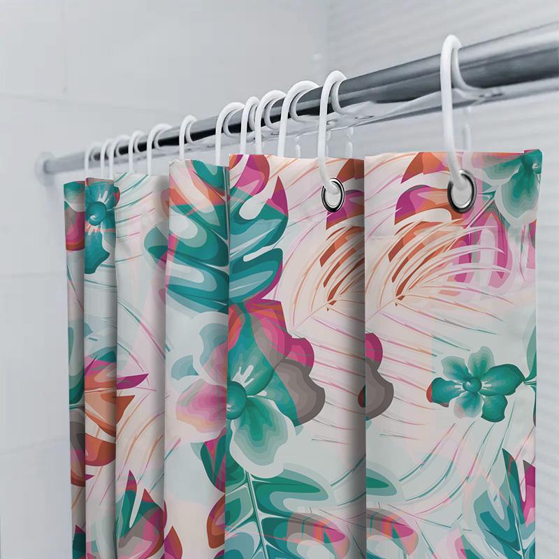 Summer Greenery Shower Curtain Fabric Print Home Decoration Waterproof Bathroom Rug Floral Leaf Pattern, Pink Blue White Orange