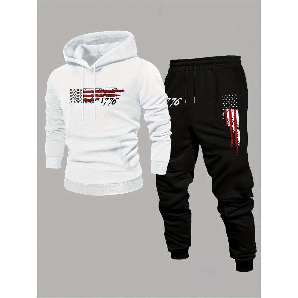 Men's Casual Two Piece Set with Flag Print Drawstring Pocket Hoodie and Drawstring Outdoor Casual Sports Pants