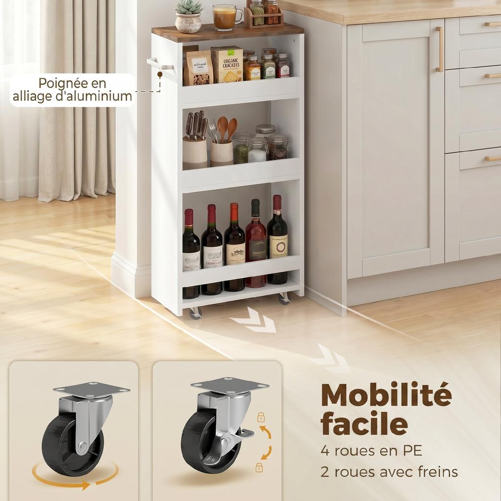 Kitchen Trolley, 4-Tier, on Wheels, 40 x 20 x 84 cm, White