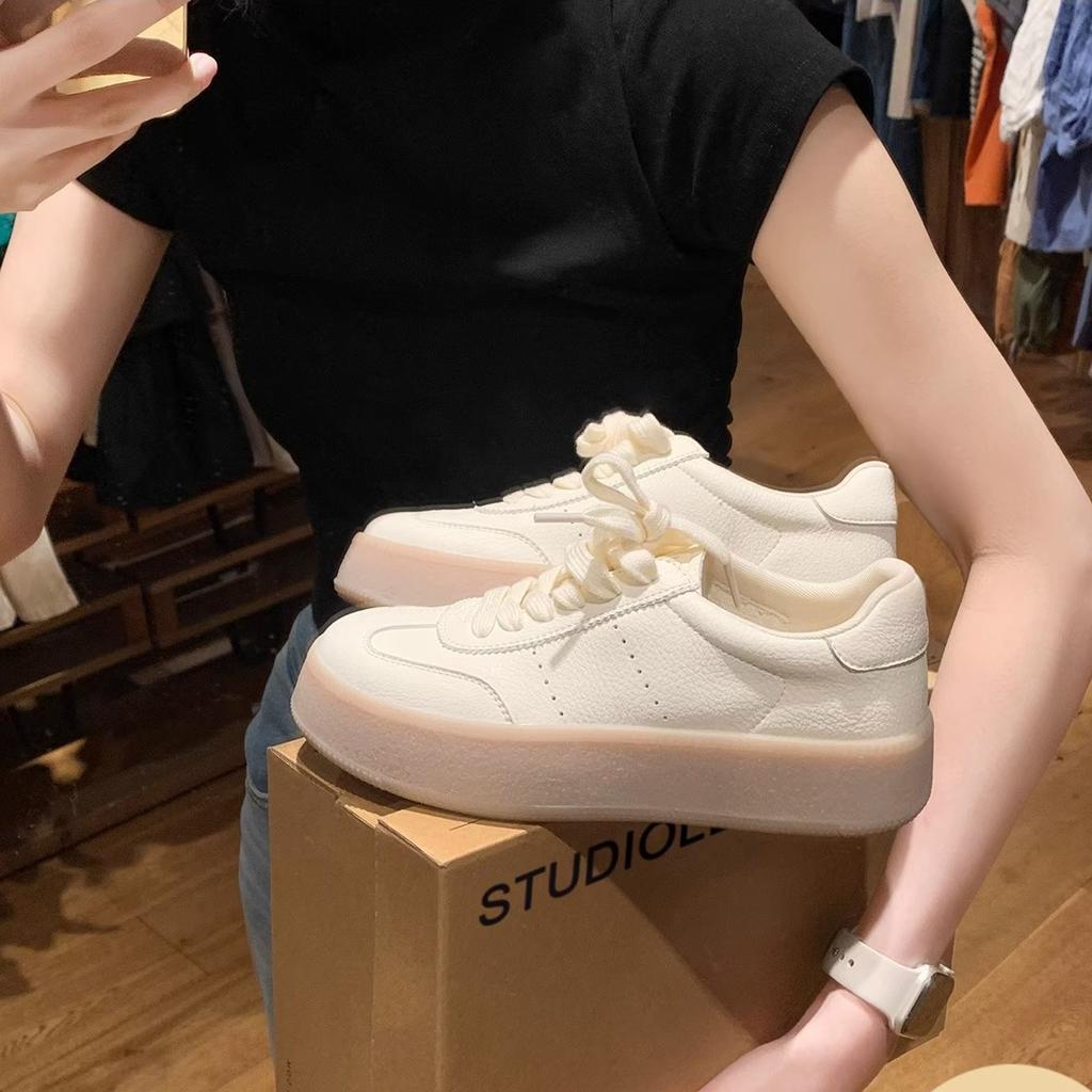 Same Genuine Leather White Shoes for Women 2024 Autumn New Collection Classic Round Toe Thick Soled Korean Style Lace Up German Training Shoes