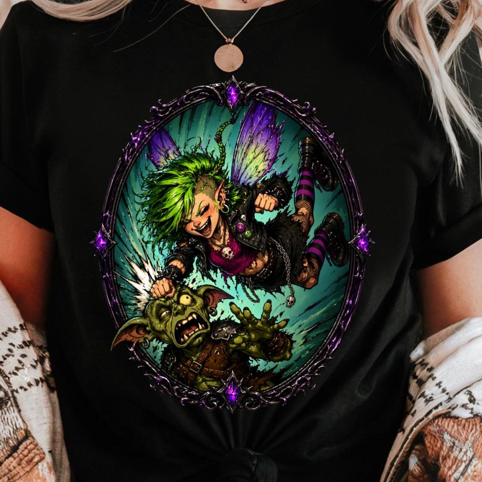 Punk Fairy Goblin Fight Shirt | Dark Fantasy Warrior Tee | Edgy TTRPG Graphic Tee 2XL