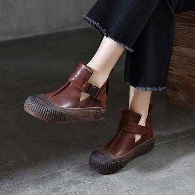Chaussures de loisirs à semelles souples et bout rond, chaussures rétro en cuir véritable polyvalentes à plateforme plate pour femmes