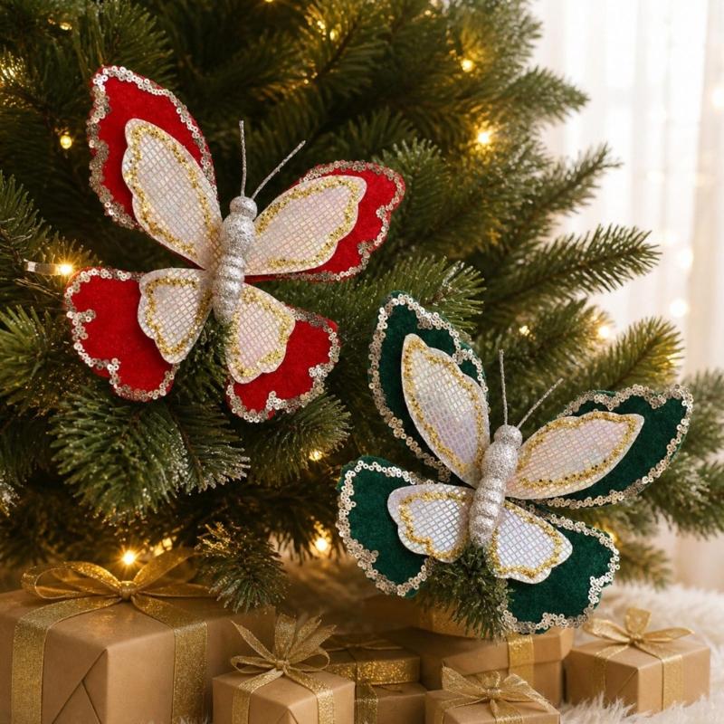 Sparkling Butterfly Decoration with Sculpted Profile and Attached Loop for Christmas Backrops Holiday Tree and Mantel Displays