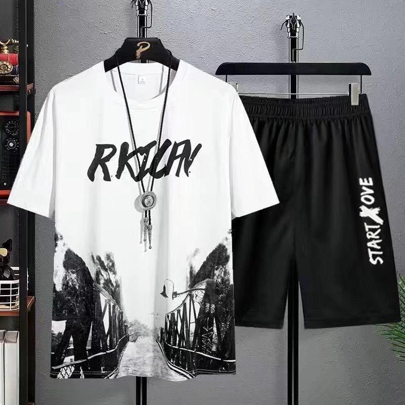 Tshirt Casual Ice Silk Gradient Short Men Sleeve T-shirt Shorts Set Men's Summer Sporty Two-piece Outfit Stylish Male Clothing