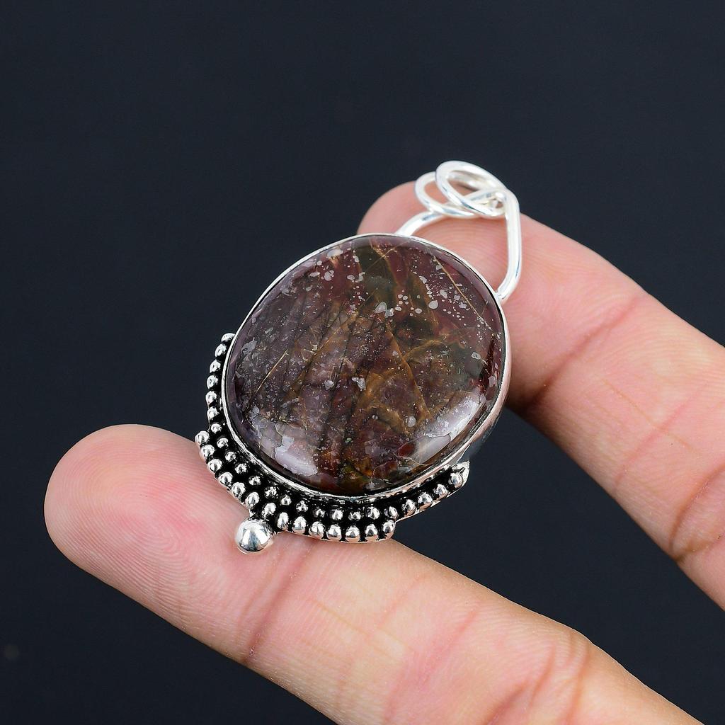 925 Sterling Silver Oval Natural Gila Monster Agate Daughter Engagement Pendant