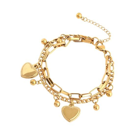 Women Bracelet Hollow Chain Heart Pendant Double-layered Lobster Clip Titanium Steel Bead Adjustable Length Electroplated Wrist Jewelry