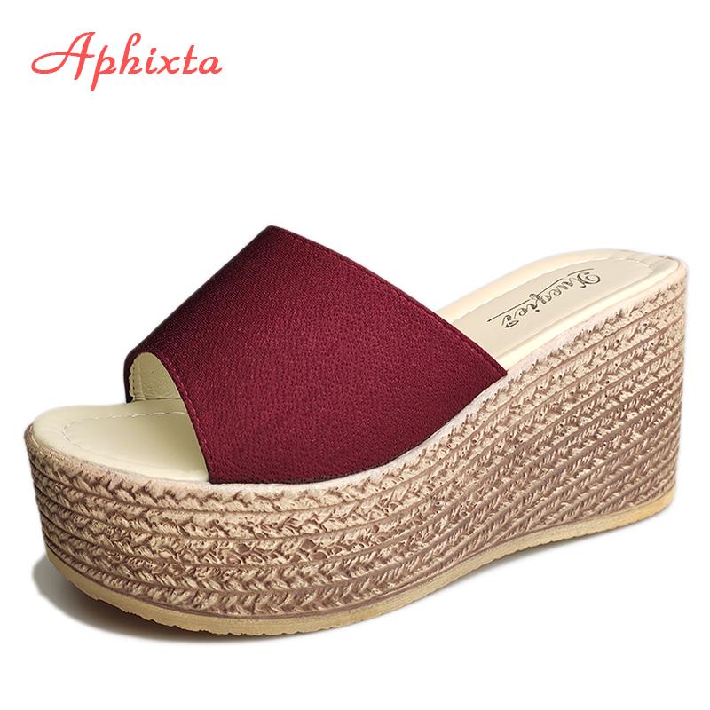 Fashion Aphixta 3.54inch Women Slippers Platform Wedge Women Slipper Appliques Slides Beach Sandals Slides Summer Ladies Mules Clog Shoe