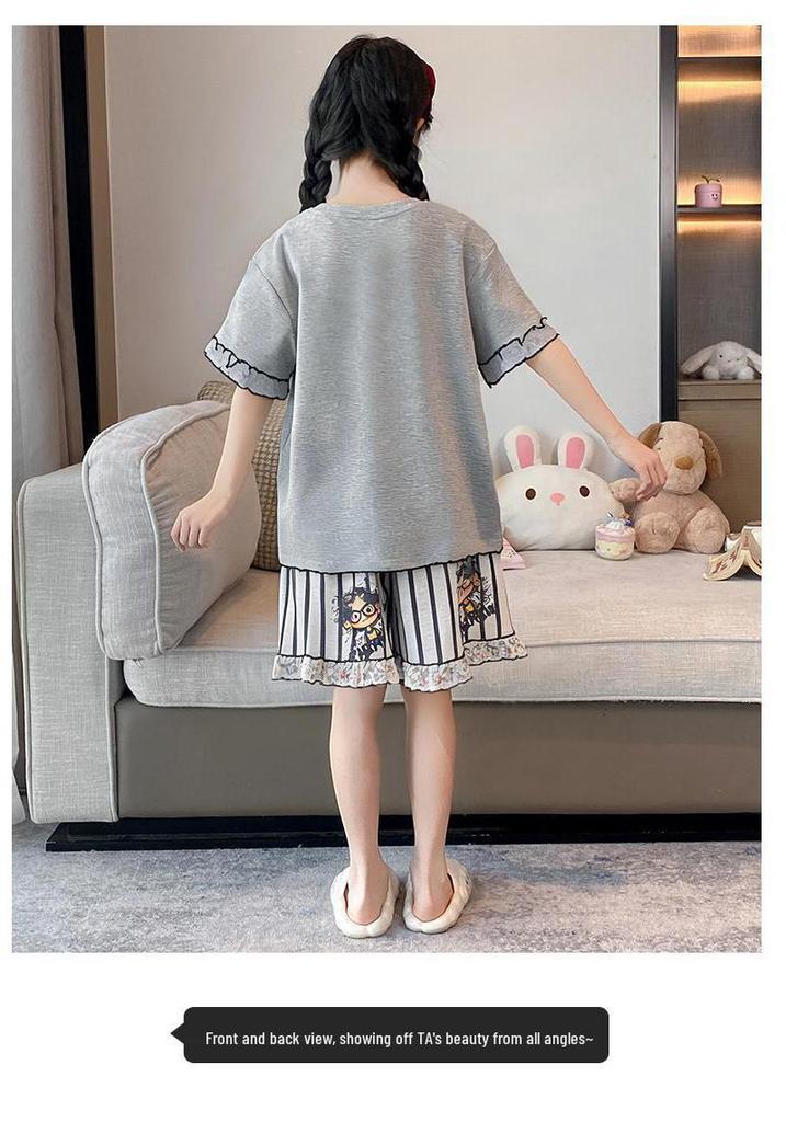 2026 New Summer Girls' Ultra-Thin Modal Pajamas Set: Short Sleeve Airy Comfort Suit for Medium and Large Kids
