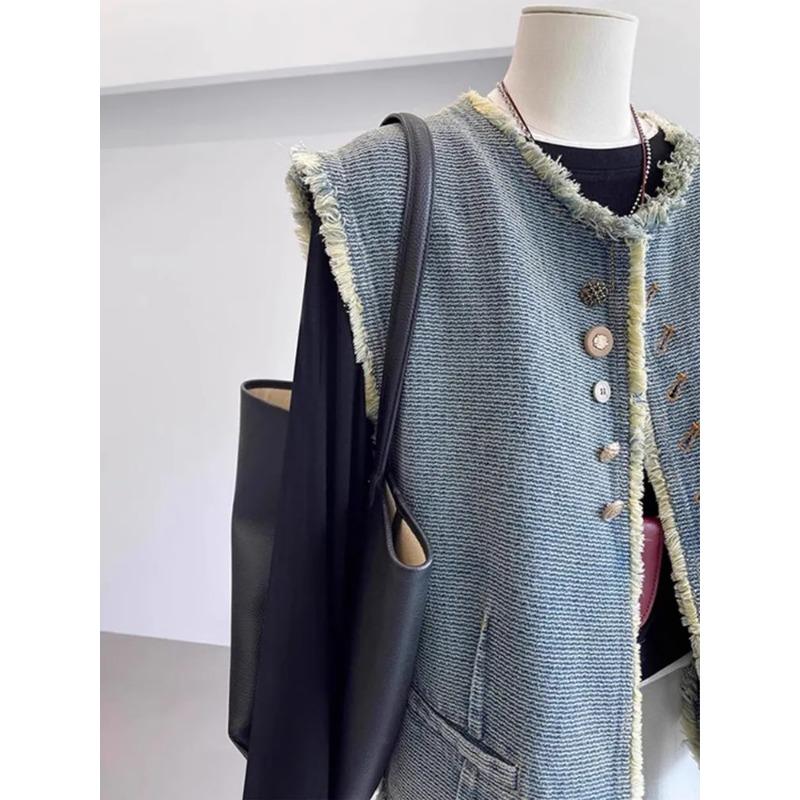 Retro Raw Edge Denim Vest Jacket New Trendy Style Loose Sleeveless Waistcoat Vest