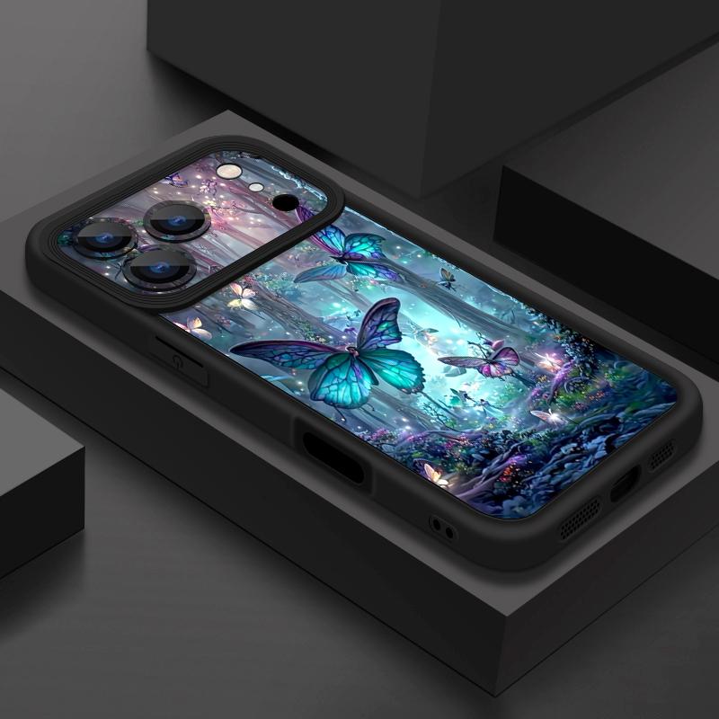 Měkké TPU Silikonové Pouzdro na Telefon Pro iPhone Air 16e 17 16 15 14 Pro Max 13 12 Pro 11 16 Plus Nárazuvzdorný Kryt se Vzorem Motýlů a Lesa