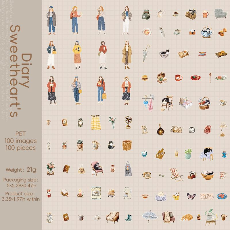 

100Sheets Sweetheart s Diary Series PET Stickers Large Capacity Sticker Pack Retro Life Illustration for Journal Scrapbooking