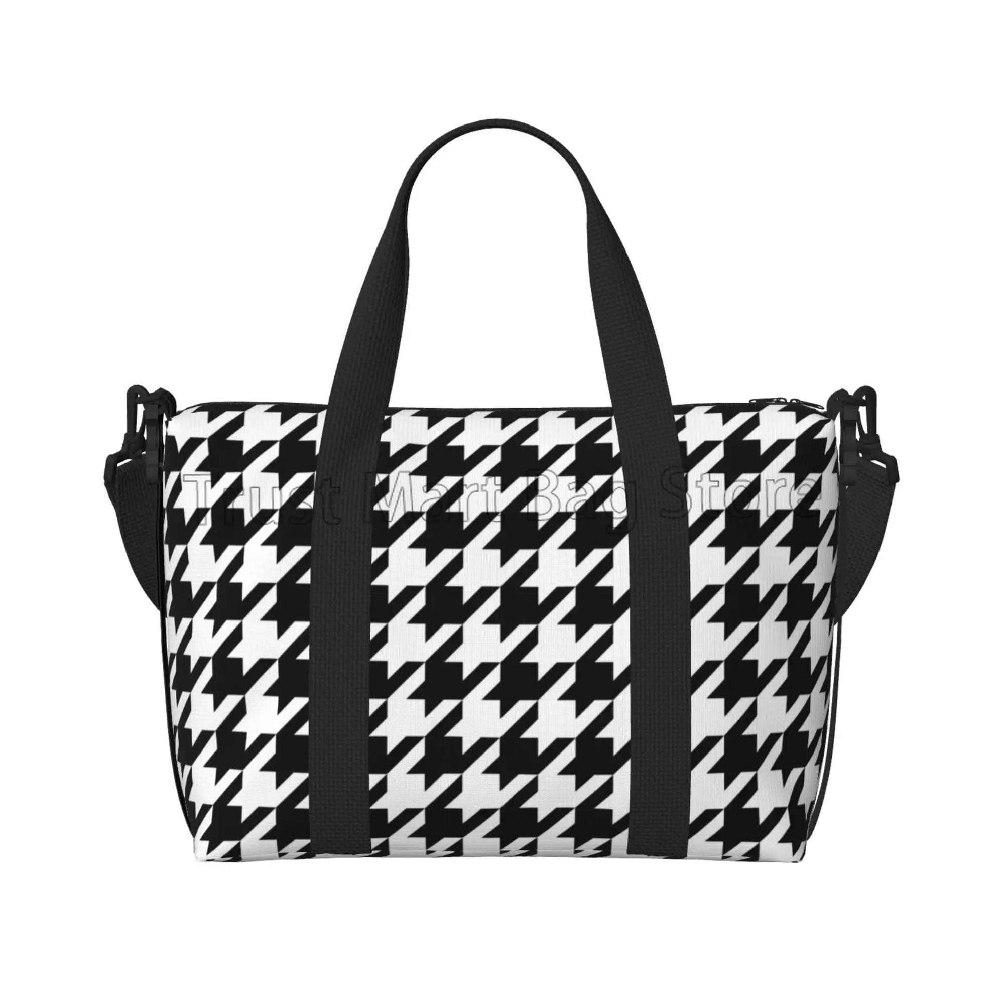 

Black White Houndstooth Travel Duffel Bags Workout Casual Luggage Bag Portable Waterproof Tote Bags Weekender Overnight Handbag