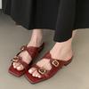 Fashion Metal Buckle Decoration Low Heels Women Slippers 2025 Fashion Square Toe Open Toe Sandals Casual Versatile Ladies Beach Sandals