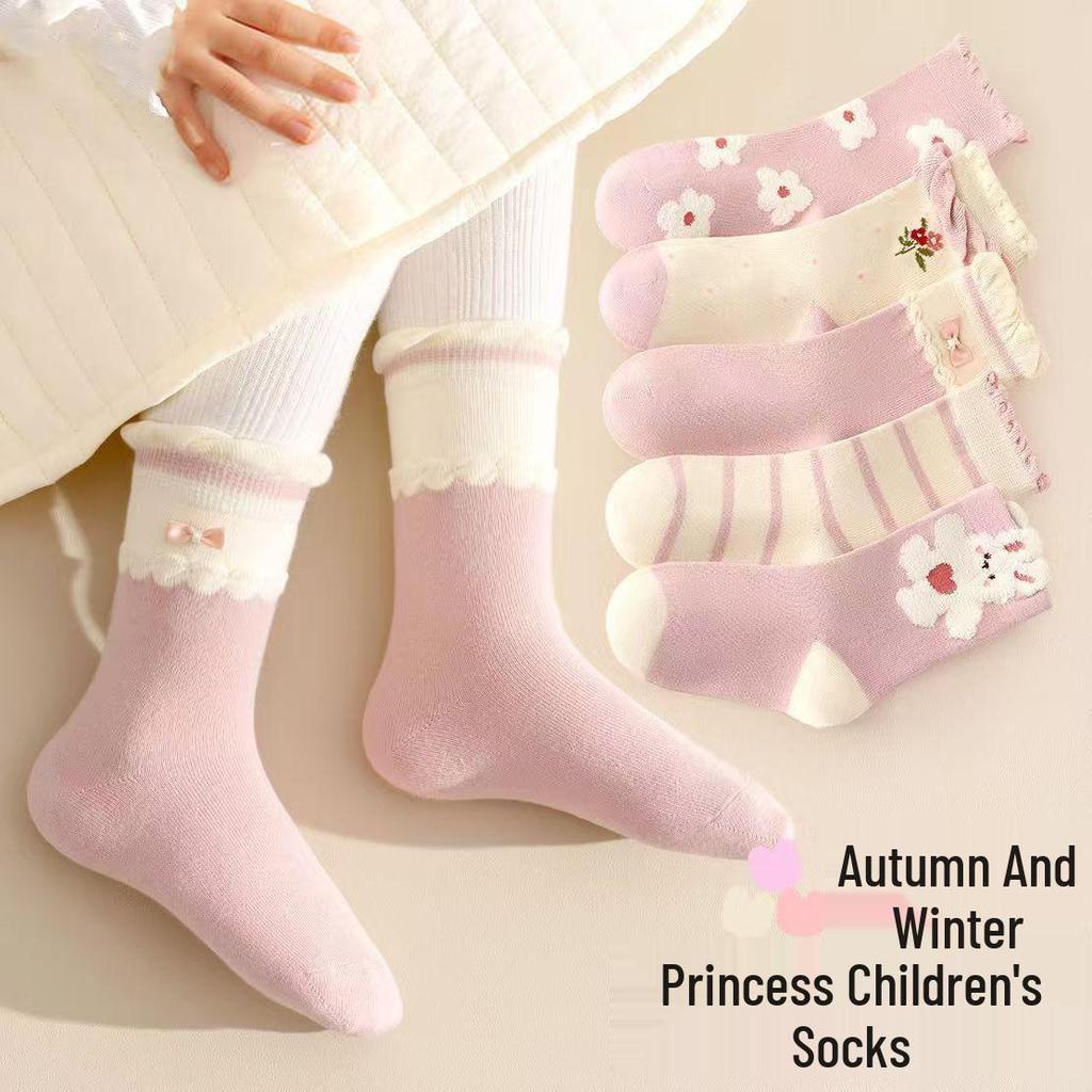 Children's Pink Princess Socks: Autumn & Winter Lace Rabbit Design