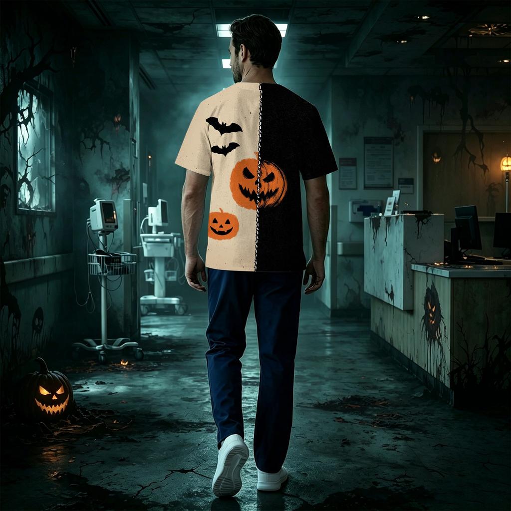 Men's Short Sleeve V-Neck Halloween Print Scrub Top with Chest Pocket