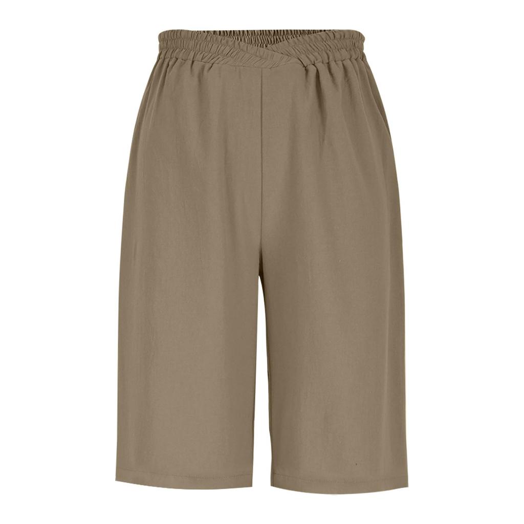 Women's Fashion  Color Pocket Five-Foot Loose Elastic Waist Cotton Linen Shorts