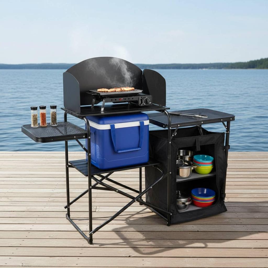 Folding Camp Table with Storage Multi-Functional Aluminum Outdoor Cooking