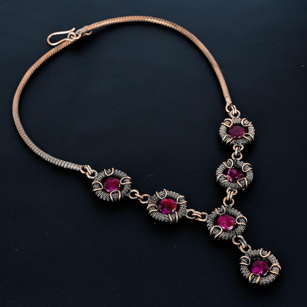 Ruby Necklace, 999 Copper Wire Wrapped Adjustable Chain Necklace. Gift For Women Handmade Necklace Gemstone Jewelry