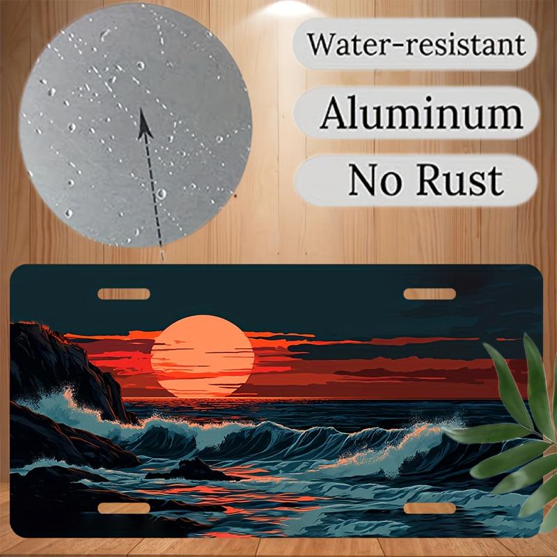 D Plane Pc License Plate License Plate Frame and Trim Set Ocean Wave Rock Sunset Pattern License Plate Frame