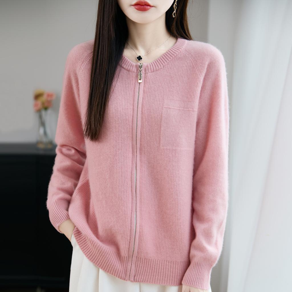 Autumn And Winter New Wool Sweater Women'S 100 Wool Cardigan Jacket Zipper Crew Neck Wool Knitted Sweater Top Open