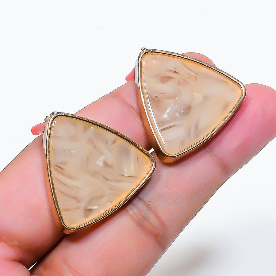 Natural Dendrite Opal Gemstone Brass Jewelry Earring 1.02  RE-159